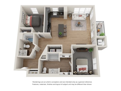 Floor plan for 2 beds, 2 baths, 1107 sqft